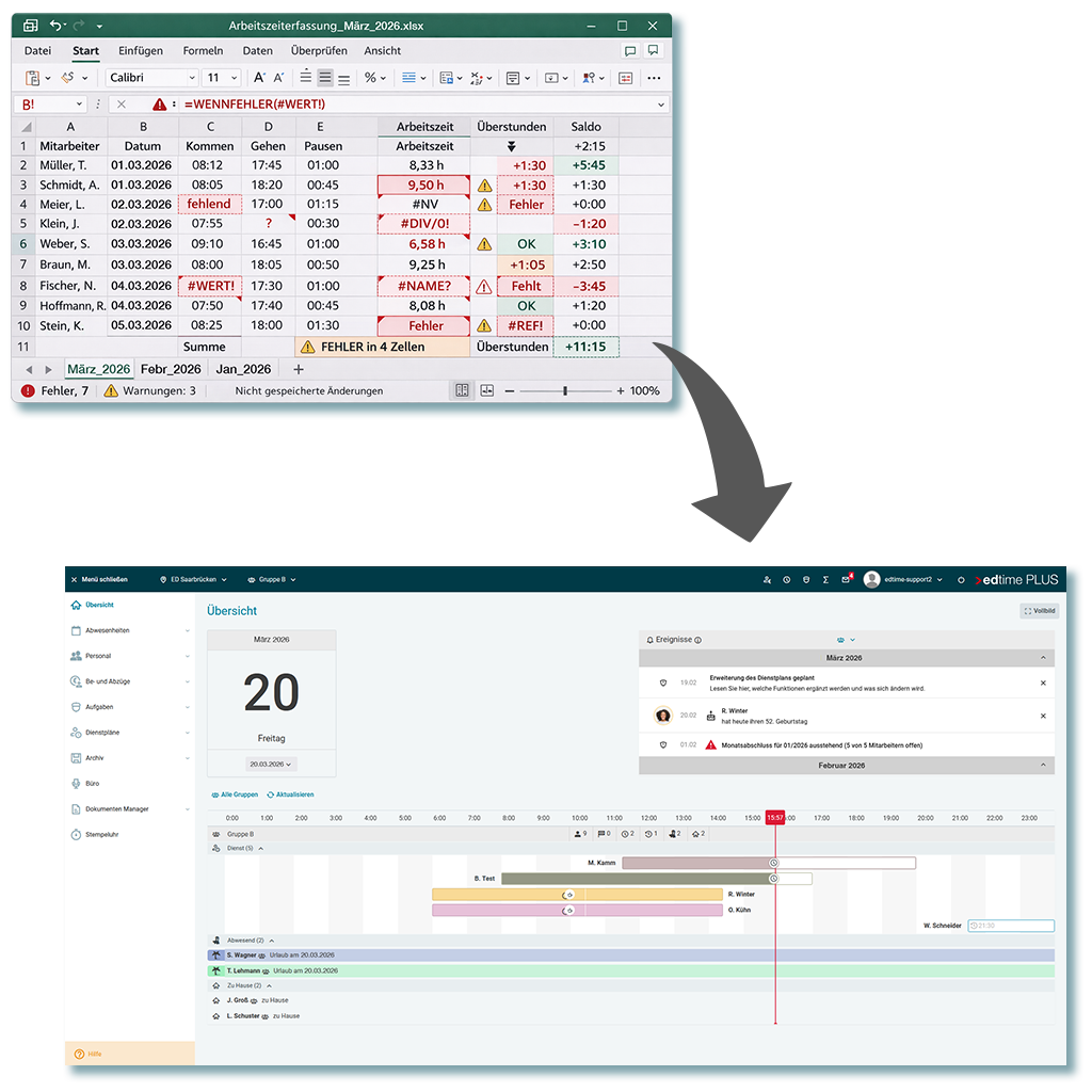 gesamt edtime screens excel vorher nachher Arbeitszeiterfassung mit Excel