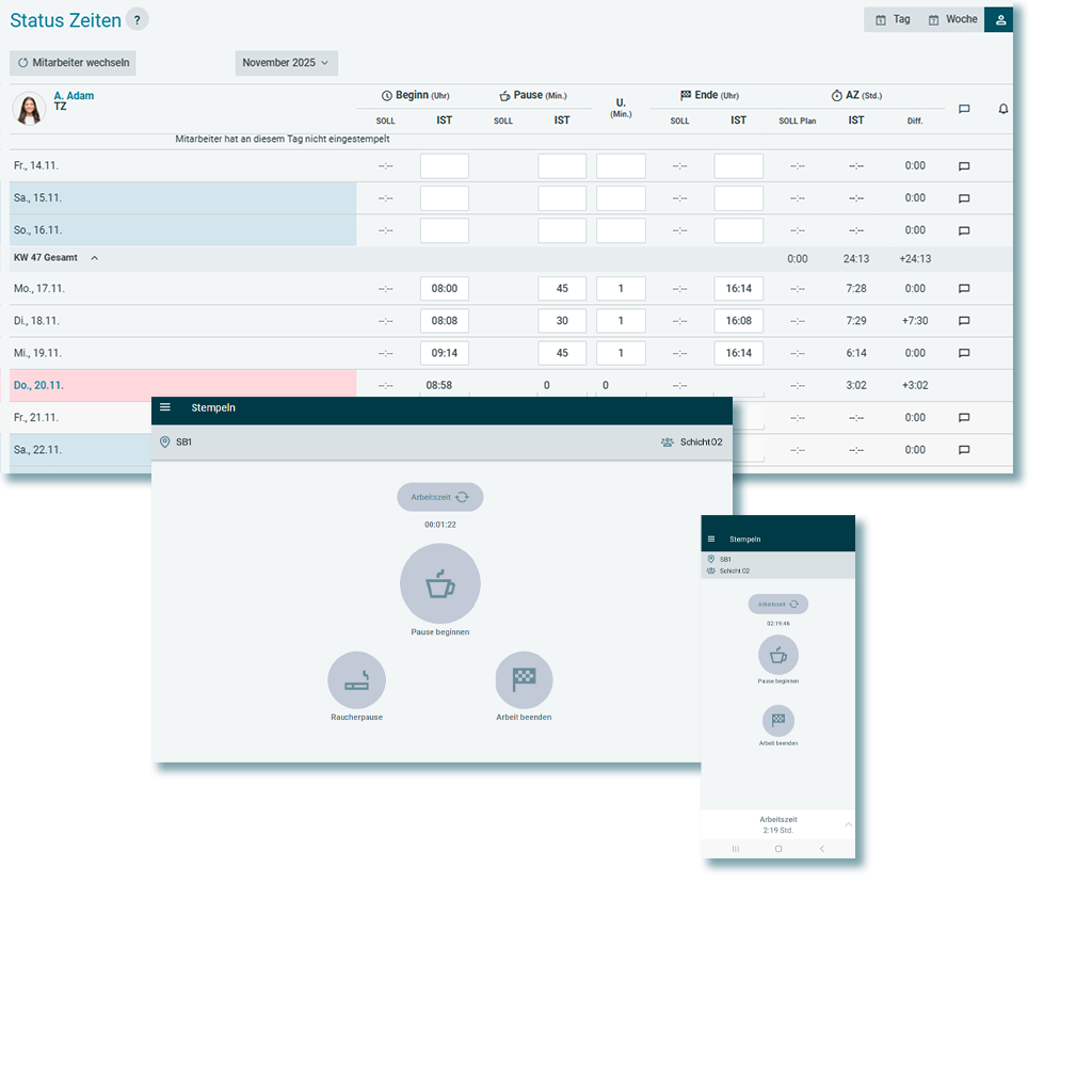 Digitale Stempeluhr 2 admin arbeitnehmer status zeiten bea 2026 04 24 Digitale Stempeluhr